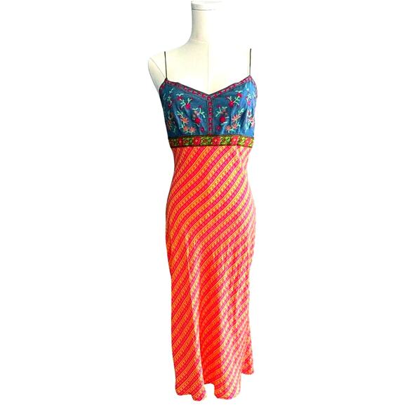PLENTY TRACY REESE Dress Large Silk Empire Embroidered Bust 90's Y2K Slip Boho - Picture 1 of 12